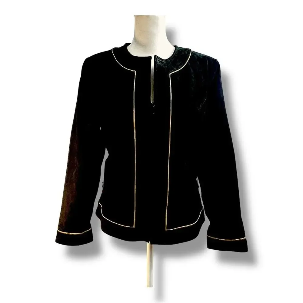 YVONNE MARIE VTG Black Suede Leather & Metallic Gold Trim Blazer/or Jacket SZ 10